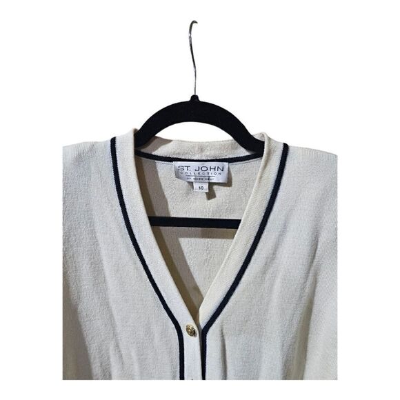 ST. JOHN Striped Knit Sweater Cardigan Cream Black Stripes - Size 10 - Picture 3 of 8